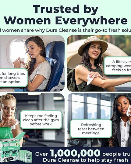 Travel Body Wipes for Women - 20 XL Shower Wipes for Adults Bathing No Rinse - Individually Wrapped 10”x10” Disposable Washcloths - Feminine Hygiene Essentials, Gym, Backpacking, Camping Must Haves