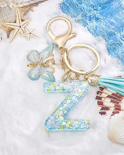 Fashion Alphabet Initial Letter Keychain Tassel Butterfly Pendant Key Ring for Purse Handbags Women Girl