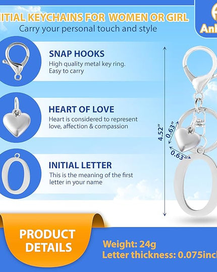 A-Z Heart Initial Letter Keychain, Stainless Steel Alphabet Charm for Handbags, Gift for Women and Girls