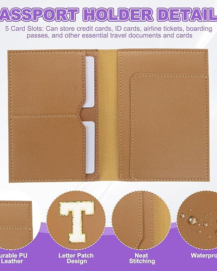 PATIKIL Passport Holder for Travel, Initial Passport Cover and Luggage Tag Set with Alphabet Chenille Letter Patch Travel Wallet Bag Suitcase Identifier for Women Family Travel Brown T