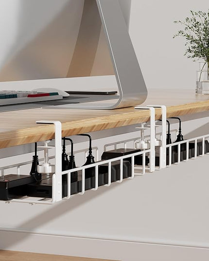 2 Pack Under Desk Tray, 31.4" No Drill Wire Management with Upgraded Clamp, Metal Cord Organizers for Desk, PC Cable Rack, White