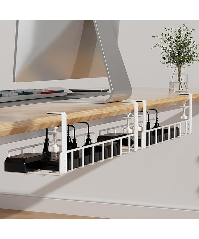 2 Pack Under Desk Tray, 31.4" No Drill Wire Management with Upgraded Clamp, Metal Cord Organizers for Desk, PC Cable Rack, White