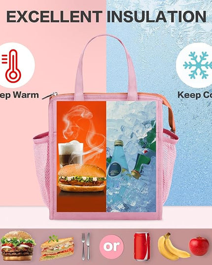 Fmeida Insulated Lunch Bag Women - 12L Leakproof Womens Lunch Tote w Zipper Reusable Lunch Bags Thermal Cooler Tote Multipocket for Work Hiking Beach Picnic | Pink