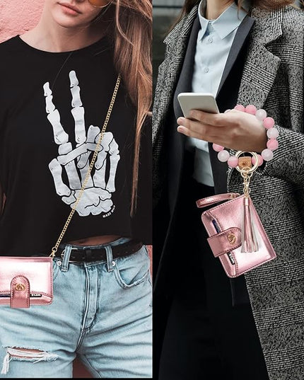 Multi-Purpose Wallet High Capacity Card Holder Zipper Coin Purse with Wristlet Bracelet Keychain Silicone Beaded Bangle Key Ring