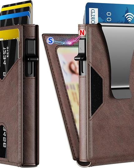 KISUEDZP Wallet for Men Slim RFID Blocking-Metal Smart Pop-Up Credit Card Holder with 2 ID Windows, Holds 8-10 Cards,Bifold Minimalist Front Pocket Wallet & Money Clip,Men's accessories (Coffee)
