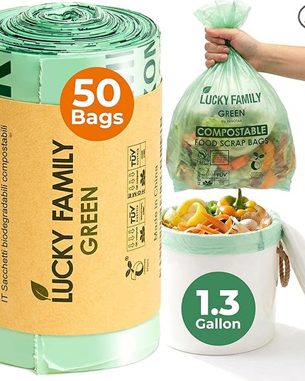 Compostable Trash Bags for Kitchen Compost Bins – 1.3 Gallon Small Compost Bags for Countertop Bin, Green Compostable Bags, BPI & OK Industrial Certified, Leak-Proof Food Waste Bags (50 Count)