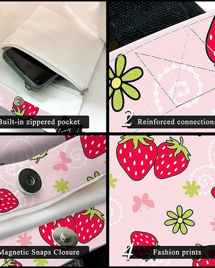 Canvas Tote Bag for Women，Cute Heavy-Duty Shoulder Bag with Zipper Pocket -Travel Tote for Grocery, Gym,Shopping
