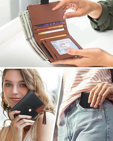 yiijay Small Wallet for Women RFID Blocking Tassle Bifold Slim Thin Leather Wallet Credit Card Holder Wallet Ladies Mini Wallet with Zipper Pocket