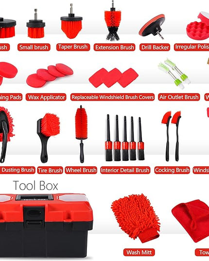 35Pcs Car Detailing Kit, Car Cleaning Kit with Windshield Cleaning Tool and Tool Box, Interior & Exterior Auto Care Supplies and Brushes (B：35PCS-R)