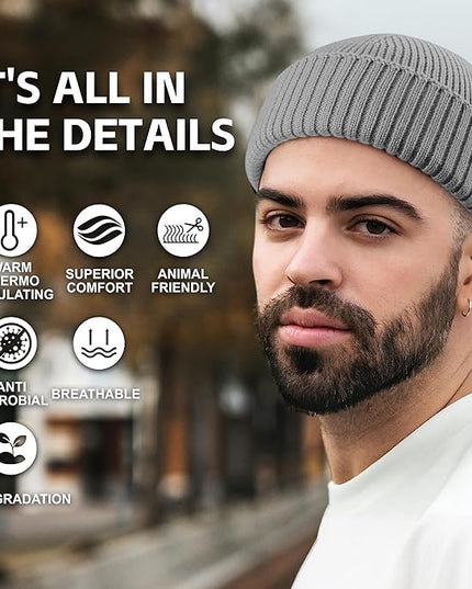 100% Merino Wool Fisherman Beanie for Men Women, Short Knit Cuff Trawler Winter Hat, Warm Soft Outdoor Gift