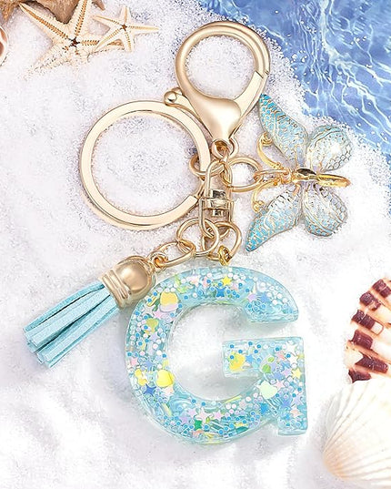 Fashion Alphabet Initial Letter Keychain Tassel Butterfly Pendant Key Ring for Purse Handbags Women Girl