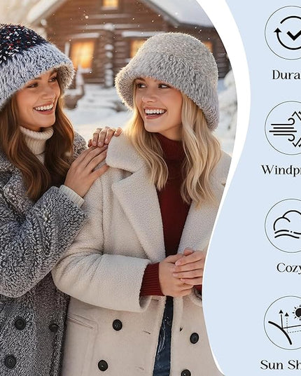 YI HENG MEI Women Knit Bucket Hat, Fluffy Winter Fisherman Hat Fuzzy Soft Warm Beanie Caps Women Cloche Caps Warm Bowler Hats