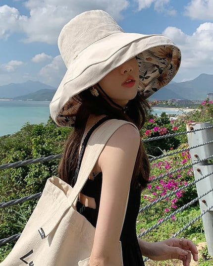 HUAMULAN Women Summer Sun Hat Wide Brim Wired Edge Floral Beach Bucket Hats Reversible Foldable Travel UV Protection Lady Hat