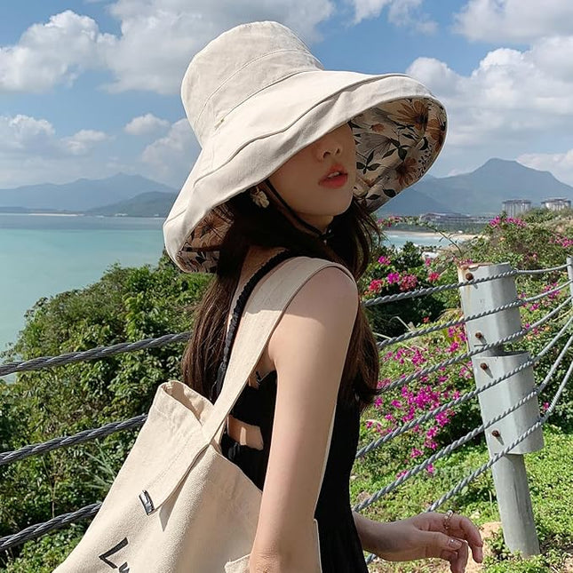HUAMULAN Women Summer Sun Hat Wide Brim Wired Edge Floral Beach Bucket Hats Reversible Foldable Travel UV Protection Lady Hat