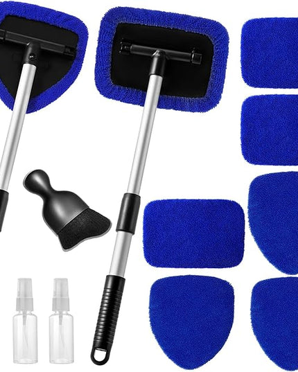 11pcs Windshield Cleaner Tool, Car Window Cleaning Wash Kit with 6 Reusable Microfiber Pads 2 Spray Bottles and Extendable Handles Auto Glass Wiper Kit, Blue