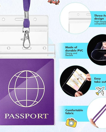Patelai 50 Pcs 4 x 5.5 Inch Clear Passport Holders with Lanyard Extra Large PVC Card Holder Waterproof Name Badge Holder for Cruise Vacation Credit Card Plane Ticket Receipt (Purple)