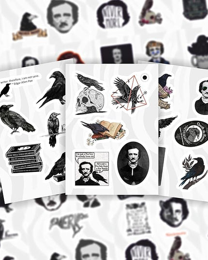 BulbaCraft 100Pcs Edgar Allan Poe Stickers for Water Bottle and Laptop - Edgar Allan Poe Party Supplies & Decorations, Waterproof Vinyl Decals, Literature and Gothic Stickers, Gifts for Women & Men