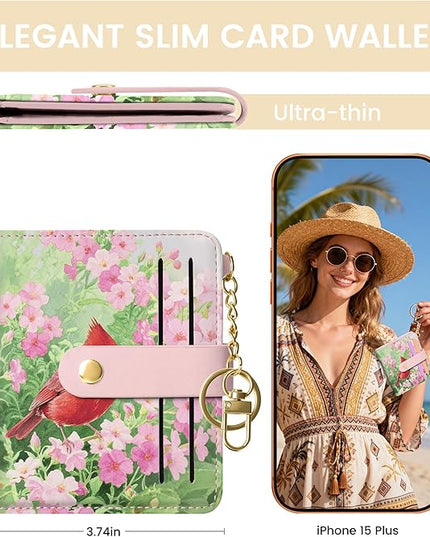 Sodsay Small Slim Wallet Women RFID Blocking, PU Leather Bifold Ladies Wallet with Zipper Coin Pocket, Thin Cute Travel Card Wallets for Girls, Pink Feathered Blossom