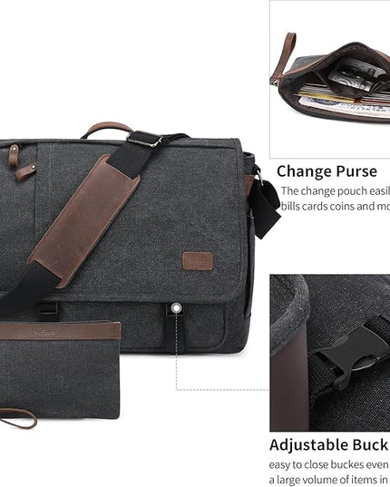 Nerlion Messenger Bag 15.6 Inch Laptop Bag Computer Bag Canvas Water-resistant Shoulder Bag Work Briefcase Bookbag for College (15.6", Dark Gray)