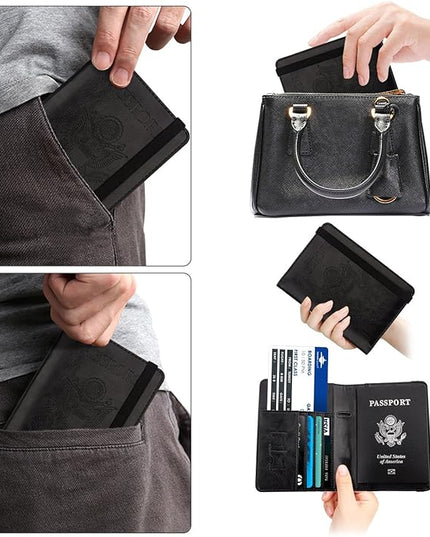 WALNEW Passport Holder for Travel, RFID Passport Cover Wallet for Women Men, PU Leather Passport Book Card Holder Case with Pen, Travelling Essentials for Flying