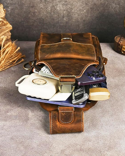 Genuine Leather Hiking Travel DayPack Sling Crossbody Triangle Chest Pack Bag For Men Women 8241