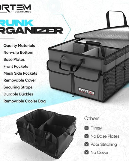 FORTEM Trunk Organizer with Cooler For SUV Car Trunk, Foldable Storage, Car Accessories for Women Men, Collapsible Bag, Perfect Christmas Gifts, 600D Oxford, Non Slip Bottom, Straps, Soft Cover (105L)