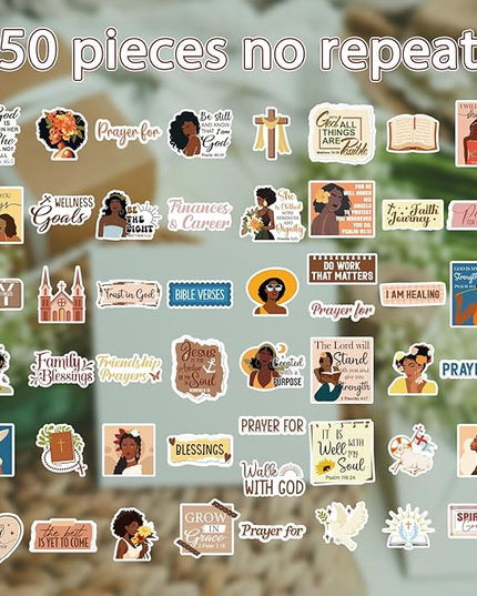 Prayer Board Stickers Supplies - 50 Pcs Black Women Prayer Vision Board Stickers for Women Girls, Motivational Water Bottle Sticker, Waterproof Vinyl Scrapbook Decals for Laptop Journaling