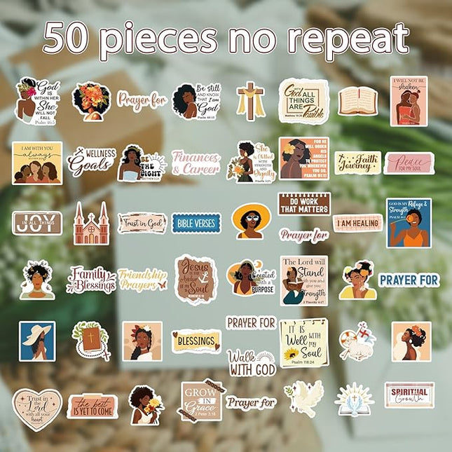 Prayer Board Stickers Supplies - 50 Pcs Black Women Prayer Vision Board Stickers for Women Girls, Motivational Water Bottle Sticker, Waterproof Vinyl Scrapbook Decals for Laptop Journaling