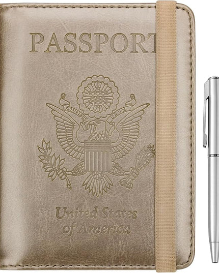 WALNEW Passport Holder for Travel, RFID Passport Cover Wallet for Women Men, PU Leather Passport Book Card Holder Case with Pen, Travelling Essentials for Flying