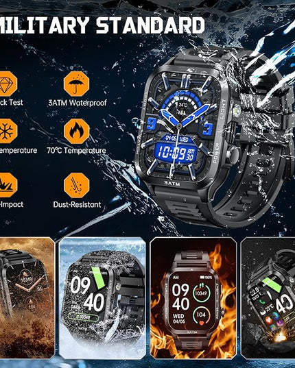 Military Smart Watches for Men (Answer/Make Calls) with Powerful Flashlight 1.96" HD, Outdoor Tactical Smartwatch with Big Battery 880mAh Sport Modes Health Monitor 3ATM for iPhone/Android (Black)