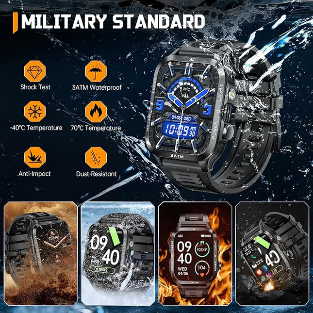 Military Smart Watches for Men (Answer/Make Calls) with Powerful Flashlight 1.96" HD, Outdoor Tactical Smartwatch with Big Battery 880mAh Sport Modes Health Monitor 3ATM for iPhone/Android (Black)