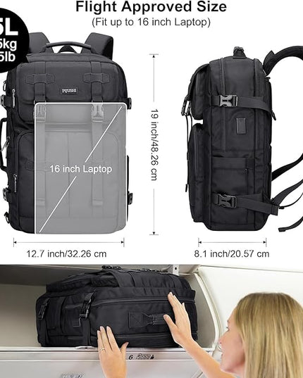 PIJUSHI Carry on Travel Backpack for Women Men Convertible Duffle Bag Flight Approved Luggage Backpack Fit 16 Inch Laptop(PE053 Black)