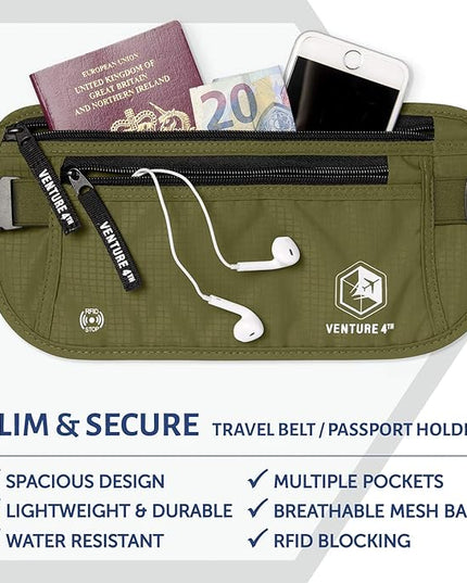 VENTURE 4TH Money Belt for Travel – Hidden Under-Clothes RFID Blocking Passport Holder & Slim Travel Wallet Pouch for Men & Women to Protect Cash, Cards & Documents (Green)