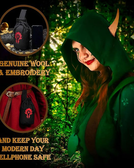 Mythrojan Medieval Woolen Belt Pouch Warcraft For the Horde Drawstring Portable Pouch Embroidered Coin Purse Costume Waist Bag for Cosplay, LARP - Black