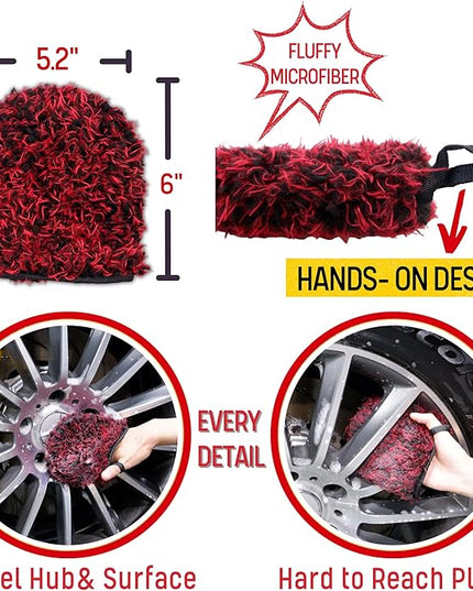 Metal Free Microfiber Wheel Brush Kit- Microfiber Angled Wheel Brush, Long Handle Wheel Brush, Tire& Detailing Brush, Wheel Wash Mitt. Hands-On Wheel Detailing Kit for Daily Wheel Cleaning