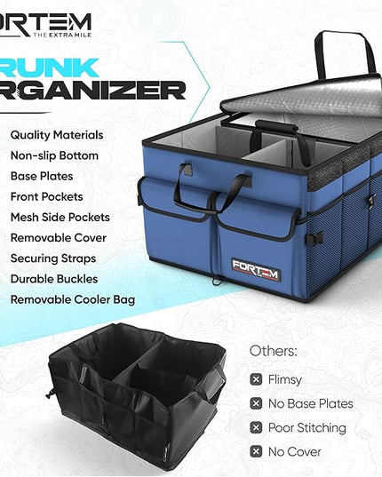 FORTEM Trunk Organizer with Cooler For SUV Car Trunk, Foldable Storage, Car Accessories for Women Men, Collapsible Bag, Perfect Christmas Gifts, 600D Oxford, Non Slip Bottom, Straps, Soft Cover (105L)
