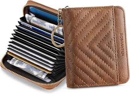 BOSTANTEN Credit Card Holder Wallet RFID Blocking Leather Small Wallet for Women Zipper Keychain Wallet with Wristlet Brown