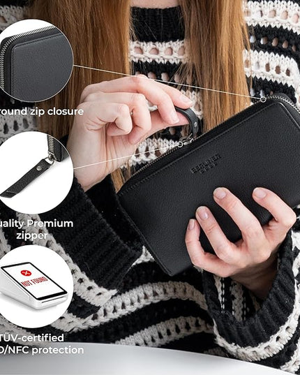 BERLINER BAGS Premium Genuine Leather Wallet Margo, RFID Blocking Credit Card Holder, Slim Womens Wallet, Zip Around Wallet for 13 Cards and ID window, Bills, Coins - Black