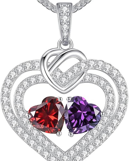 LOUISA SECRET Sparkling Double Heart Birthstone Necklaces for Women, 925 Sterling Silver Fine Jewelry, Pendant Heart Necklaces Birthday Anniversary Christmas Gift for Women Wife Mom Girlfriend Lady