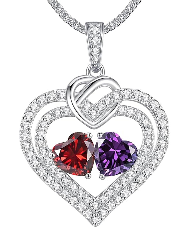 LOUISA SECRET Sparkling Double Heart Birthstone Necklaces for Women, 925 Sterling Silver Fine Jewelry, Pendant Heart Necklaces Birthday Anniversary Christmas Gift for Women Wife Mom Girlfriend Lady