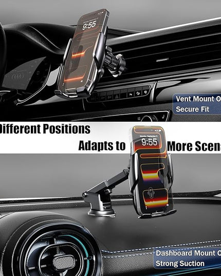 15W Fast Wireless Car Charger, Auto-Clamping Black Car Phone Holder with Strong Suction Cup,360°Adjustable Dashboard/Windshield Mount for iPhone17-11&Samsung S Series Essential Car Accessories