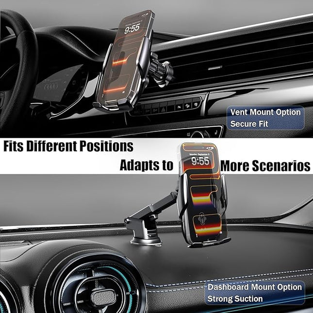 15W Fast Wireless Car Charger, Auto-Clamping Black Car Phone Holder with Strong Suction Cup,360°Adjustable Dashboard/Windshield Mount for iPhone17-11&Samsung S Series Essential Car Accessories