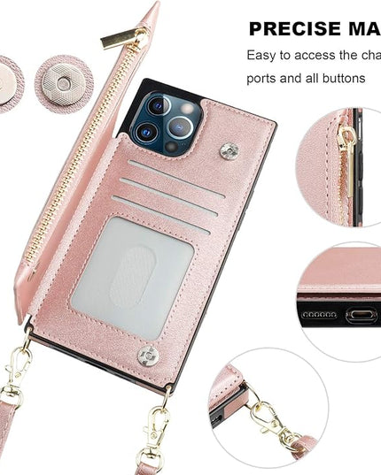 Bocasal Crossbody Wallet Case for iPhone 12 Pro Max with Card Holder,Zipper Card Slot Protector Shockproof Purse Cover with Removable Cross Body Strap 6.7 Inch(Rose Gold)