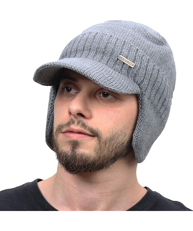 Winter Beanie w/Visor & Earflaps for Men Outdoor Fleece Hat Scarf Set