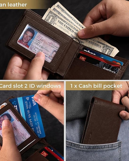 RUNBOX Wallet for Men Bifold RFID Blocking Wallets with 2 ID Window 14 Card Holders 1 cash pocket 1 Gift Box
