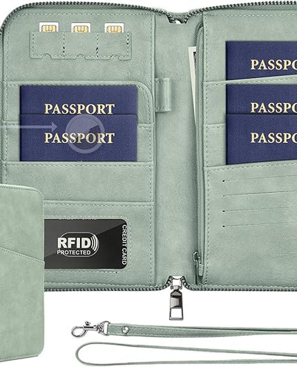 Family Passport Holder Wallet RFID Travel Document Organizer for Women Men, Portable Case Cover for Cards, Boarding Pass with Wrist & Neck Double Strap, Travel Christmas Gifts (Apricot, 1pack)