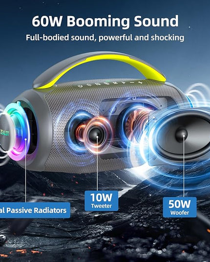 ZEALOT Portable Bluetooth Speaker, 80W Peak Waterproof Loud Booming Sound Speakers, Dual Pairing, XBass, 25H Playtime, Outdoor Speaker with Handle for Camping, Beach, Party, Backyard (Gray)