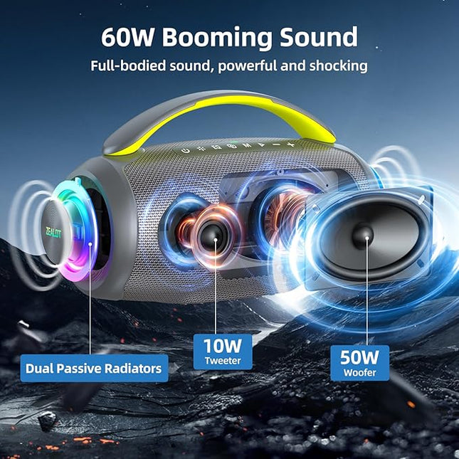 ZEALOT Portable Bluetooth Speaker, 80W Peak Waterproof Loud Booming Sound Speakers, Dual Pairing, XBass, 25H Playtime, Outdoor Speaker with Handle for Camping, Beach, Party, Backyard (Gray)
