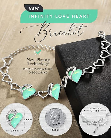 Leafael Infinity Love Heart Link Bracelets, Birthstone or Healing Stone Crystal Bracelet for Women, Silver Tone Jewelry Gifts for Her, 7-inch Chain and 2-inch Extender