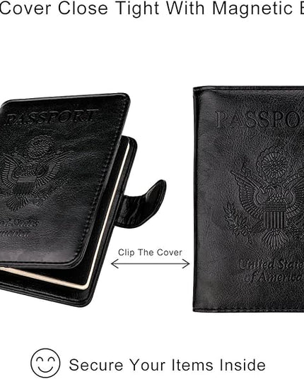 WALNEW Passport Holder for Travel, RFID Passport Cover Wallet for Women Men, PU Leather Passport Book Card Holder Case with Pen (Buckle Closure, Buckle-Black)